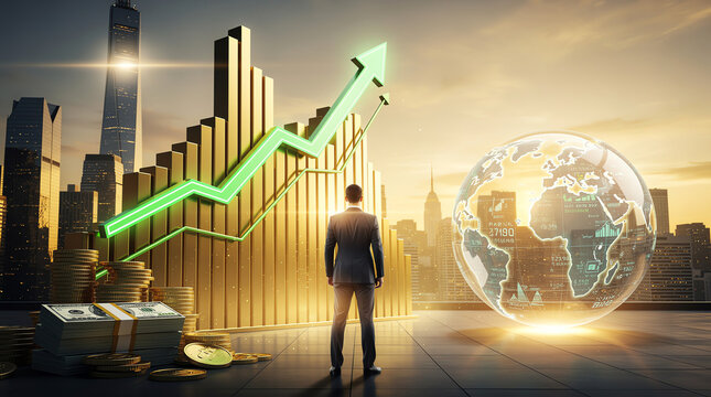 A businessman stands before a glowing upward graph and a digital globe, symbolizing global financial growth and economic success in a modern city skyline.