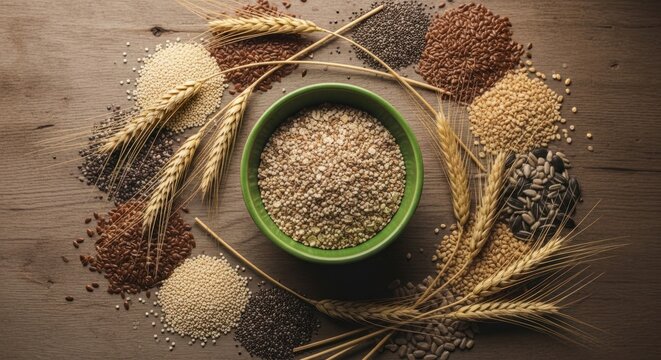 Assortment of Grains and Cereals in a Bowl Surrounded by Wheat Ears.