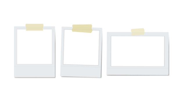 Set of three horizontal and vertical blank instant photo frames with adhesive tape