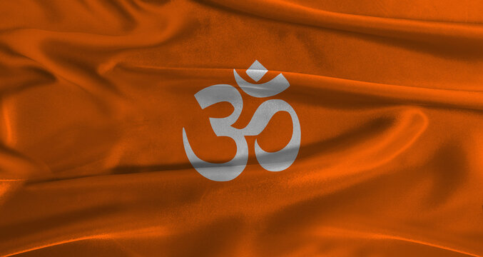 Flag of Hindu saffron with fabric textured background. Close up of Hindu saffron flag with realistic texture