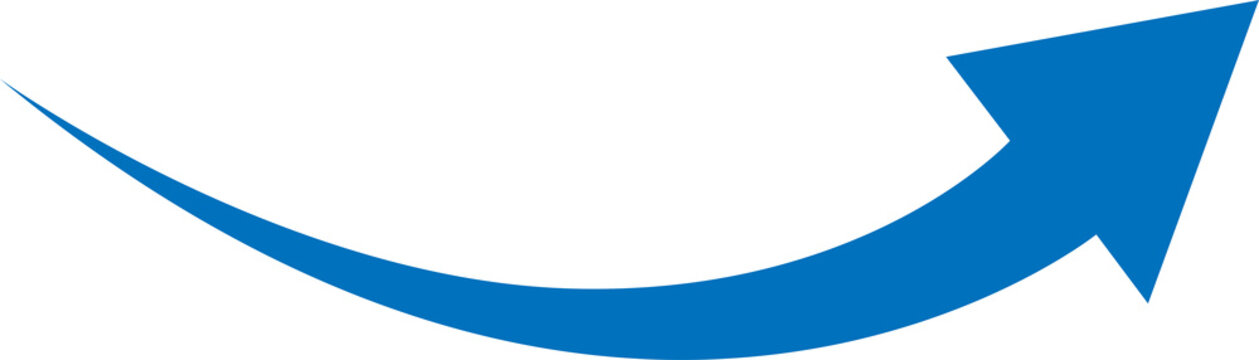 Blue curved arrow pointing up and to the right isolated on transparent background