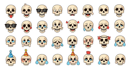Obraz premium Collection of cartoon skeleton skulls with diverse expressions like happy, sad, angry, and cool in a colorful pixel art illustration style.