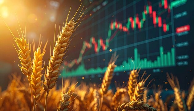 &ldquo;Golden wheat stalks illuminated by sunlight in foreground, digital candlestick chart and world map overlay in background, symbolizing agriculture, commodity trading, and global economic connection.&rdquo;