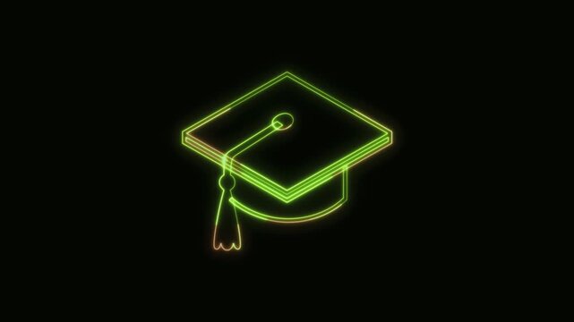 Graduation Cap Icon Neon Seamless Loop 4K Black Background Animated Promotional Typography for Video Editing
