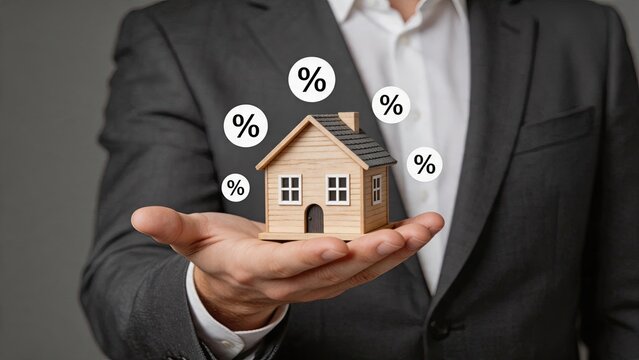 Real estate investment concept, miniature house in hand with percentage signs, property market growth, mortgage rates, housing finance, buying home, construction industry, wealth
