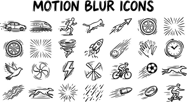 Dynamic Motion Blur Icons Set: Hand-Drawn Black  White Line Art Symbols for Speed  Action Concepts