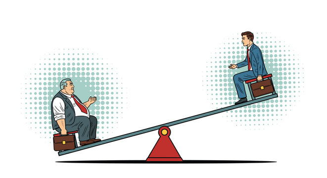 Thin businessman and a large fat boss sitting on a seesaw trying to balance each other in a business and power struggle concept.