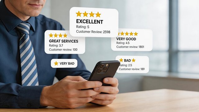 Businessman analyzing customer feedback ratings on smartphone, evaluating service quality and online reviews for brand reputation management in digital marketing strategy