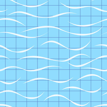Seamless blue swimming pool floor background with water ripples. Summer wave pattern on a tiled surface.