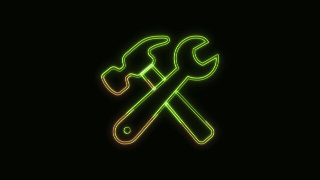 Hammer and Wrench Icon Neon Seamless Loop 4K Black Background Animated Promotional Typography for Video Editing