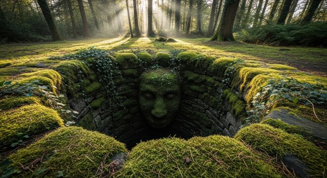 Mysterious mosscovered face emerges from a forest well.