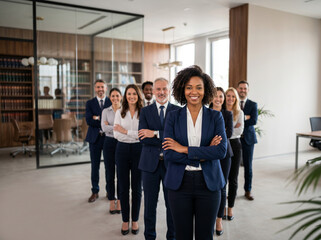 Obraz premium Diverse legal team standing in modern corporate law office with confident female lawyer in front, attorneys, legal advisors and paralegals, professional legal workplace, corporate law firm portrait