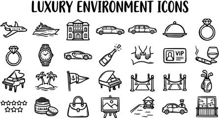 Hand-Drawn Black  White Line Art Luxury Environment Icons Set for Wealth and High-End Lifestyle. © pixsource