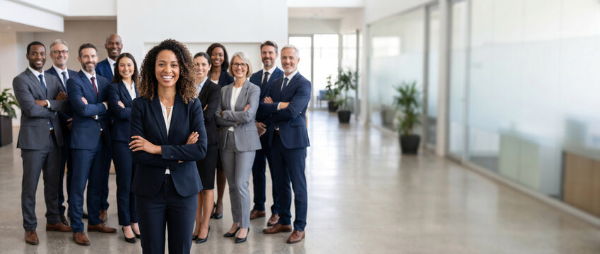 Diverse legal team standing in modern corporate law office with confident female lawyer in front, attorneys, legal advisors and paralegals, professional legal workplace, corporate law firm portrait