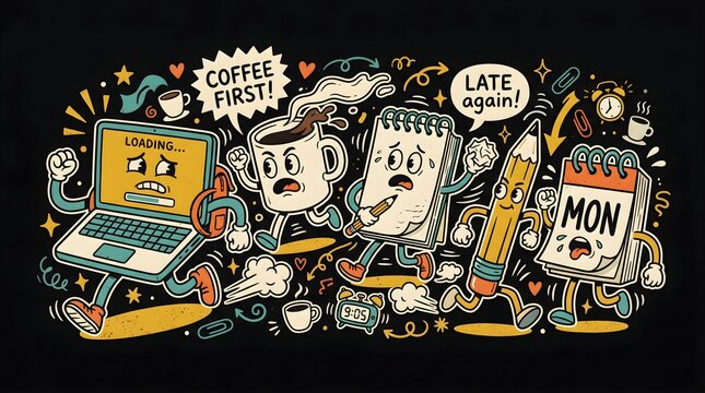 Funny Retro Cartoon Illustration of Monday Morning Office Chaos, Stressed Laptop, Coffee Mug, and Monday Calendar Characters in Rubber Hose Style