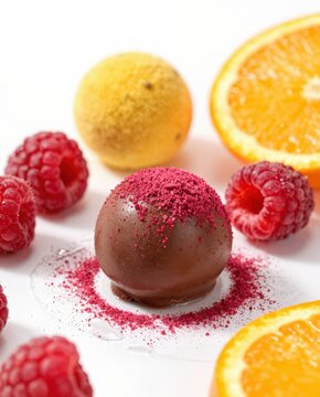 Chocolate truffle with raspberry powder garnish surrounded by fresh raspberries and orange slices. Use: food blog, menu, advertisement.