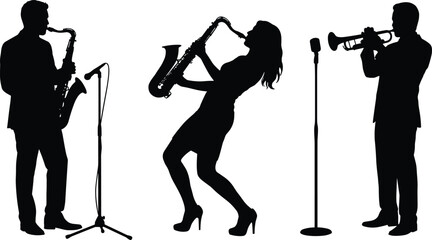 Jazz Band Musician Silhouettes Performing with Saxophone and Trumpet on Stage Isolated Vector Illustration © Limon