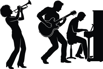 Jazz Band Musician Silhouettes with Trumpet Guitar and Piano Performance Isolated Vector Illustration for Live Music Concepts © Limon