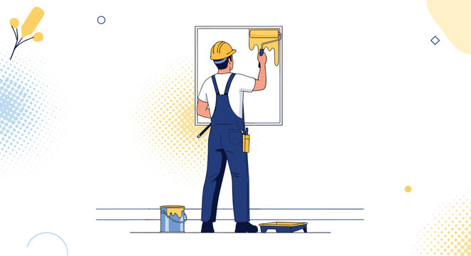 Back view of a painter in blue overalls and a hard hat using a roller to apply yellow paint to a large square frame on a white wall.