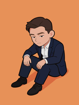 Cartoon Businessman Sitting in Low Spirits at Office