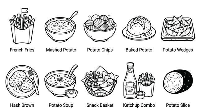 Potato Food and Snack Collection Minimal Line Icon Vector Set