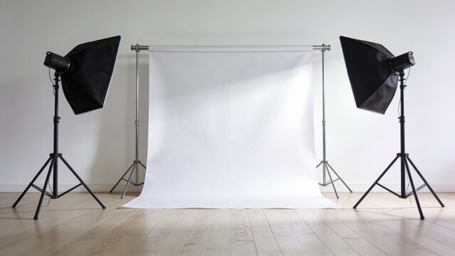 Photographers set up studio lights around a large white backdrop indoors.