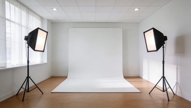 A photography studio setup with two softbox lights on stands positioned on either side of a white backdrop and mat on a wooden floor.