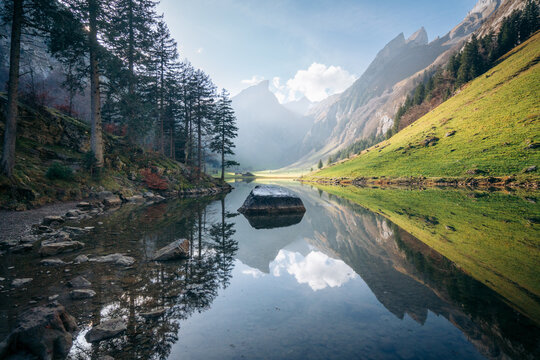 Switzerland alpine mountain scenery at Seealpsee lake, Appenzellerland, Switzerland