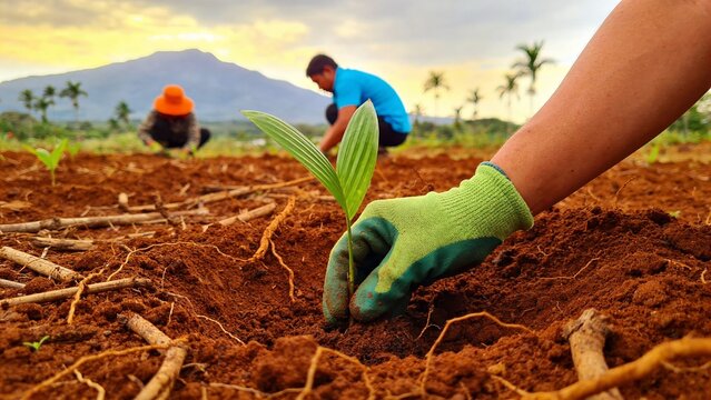 A person plants a young sapling in a field with two workers in the background near a mountain.