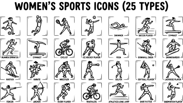 Women's Sports Icons Collection: Hand-drawn Black and White Line Art Pictograms for Various Female Athletic Activities and Fitness