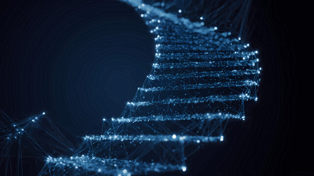 Dynamic digital DNA double helix in glowing blue, illustrating genetic research, advanced biotechnology, and the intricate molecular science of life's code