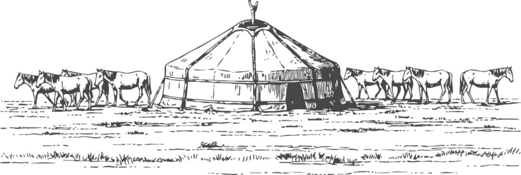 Traditional mongolian yurt with horses grazing around in a steppe landscape hand drawing
