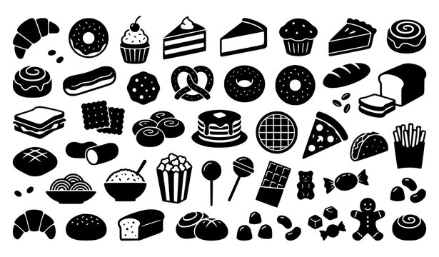 Fast Food and Dessert Black Silhouette Icon Collection Vector