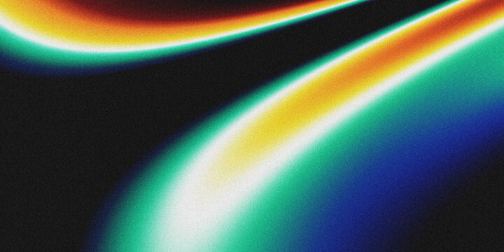 Abstract gradient background with flowing, grainy wave lines in vibrant rainbow hues (red, orange, yellow, green, blue) against black.