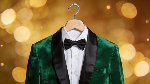 Green velvet tuxedo hangs on hook with white shirt and black bow tie against gold bokeh lights