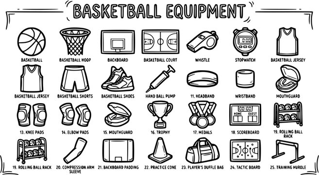 Basketball Equipment Set Black and White Line Art Outline Icons. Sports Gear Collection for Game, Training, and Player Accessories.