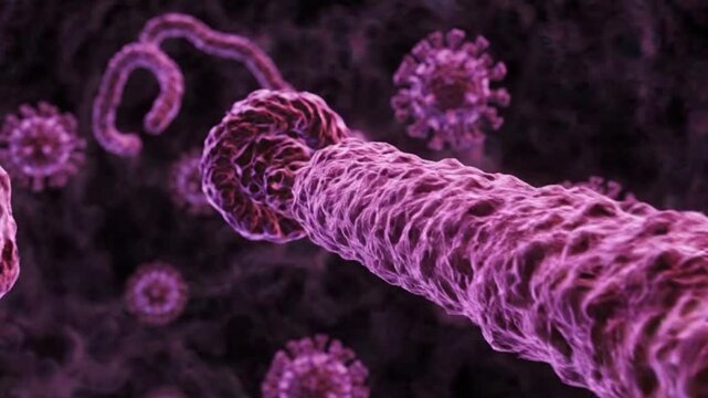 Close-Up Molecular Structure of Ebola Virions Showing Contagious Tropical Disease Agent Architecture. Extreme magnification displays the complete molecular architecture of infectious Ebola particles. 