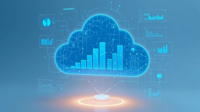 Neon Blue Cloud Computing Visualization with Financial Growth Charts