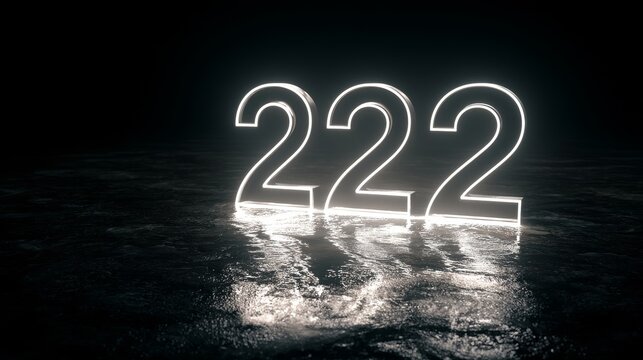 Glowing Neon Number 222 Display on Dark Reflective Surface