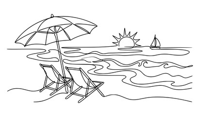 Beach Chair and Umbrella Seaside Line Art Vector Illustration © Songkari