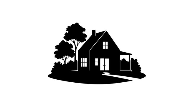 Black silhouette icon of a cozy house with trees and garden path
