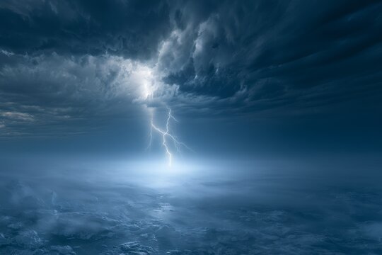 Epic lightning bolt breaking through dark ominous thunderclouds and misty fog.