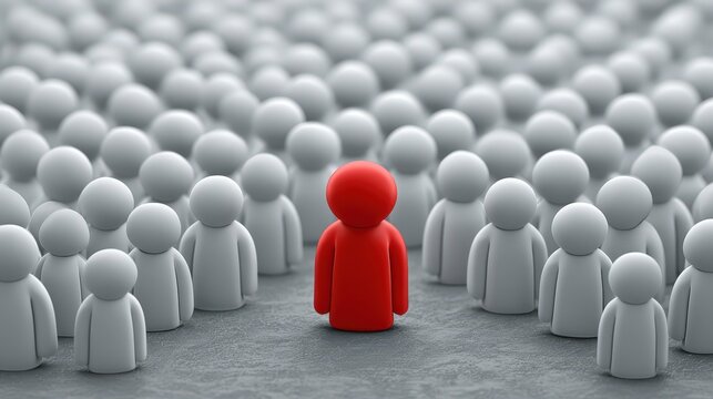One red figure standing out from a large crowd of grey figures