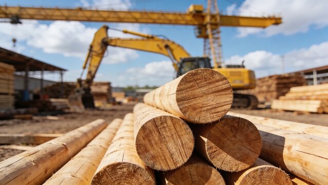 Heavy machinery operates in a lumber yard with logs stacked high outdoors under a blue sky.