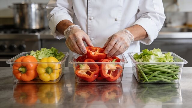 A chef prepares vegetables in a kitchen with peppers and beans.