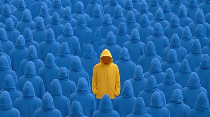 Fototapeta premium One person in yellow hoodie standing out in a crowd of blue hoodies