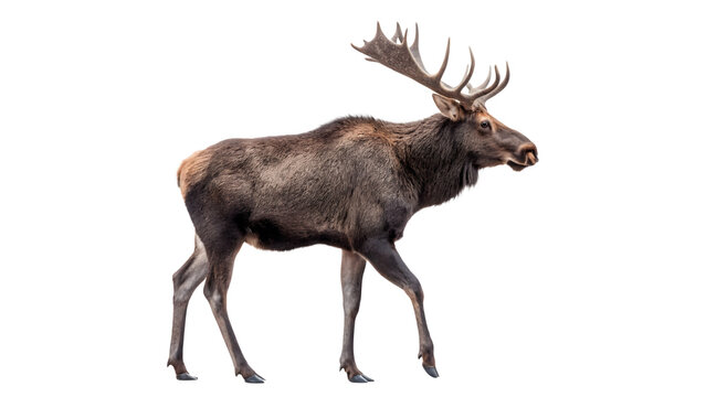 A large wild eurasian elk or moose mammal animal standing side view profile isolated on transparent background cut out