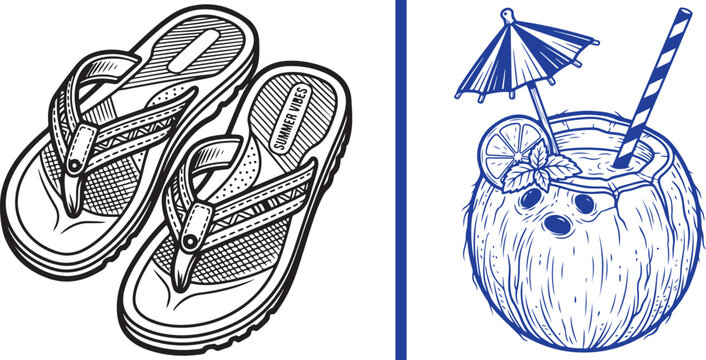 Summer vacation vector illustration set featuring sandals and coconut cocktail with umbrella and straw for beach holiday and tropical travel design