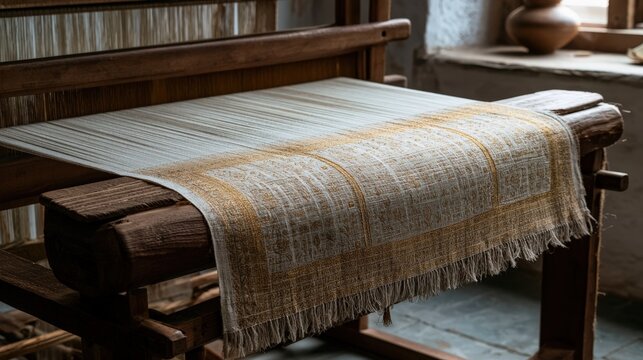 Traditional wooden loom weaving yellow and white textured fabric