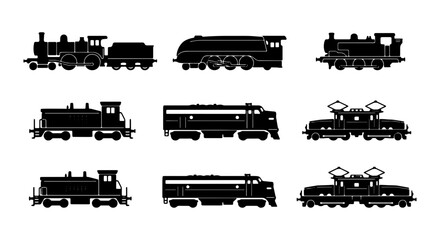 Diverse Train Silhouettes Collection, Vintage Steam Locomotives, Modern Electric Engines, Transportation Icons, Vector Set for Design © Abdur